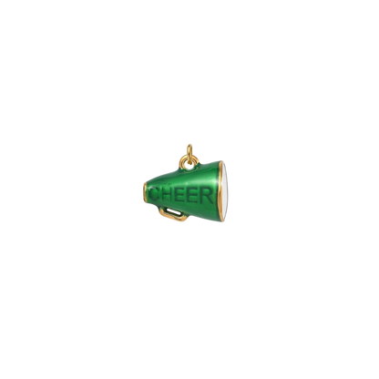 Gold green megaphone charm featuring the word "CHEER" in bold lettering on a transparent background.