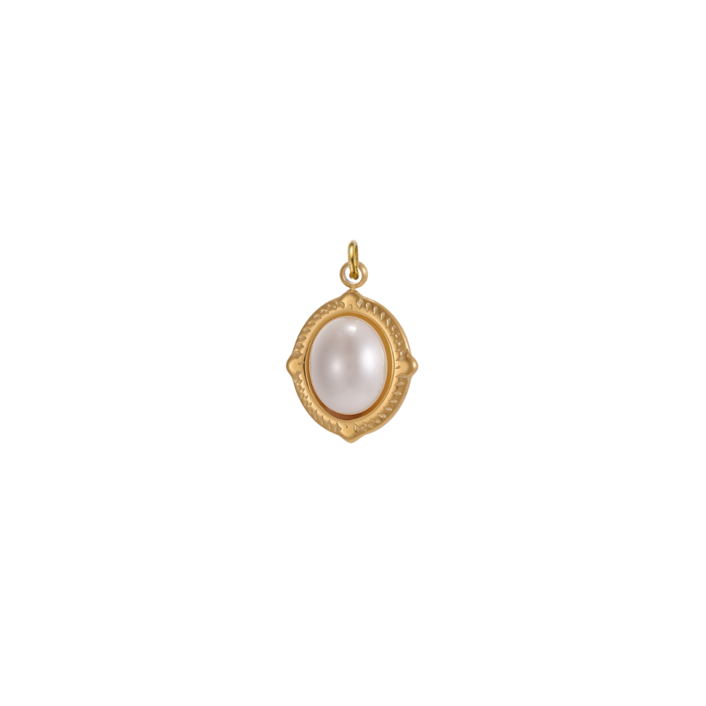 Gold oval charm featuring a luminous white pearl cabochon in a decorative bezel setting on a transparent background.