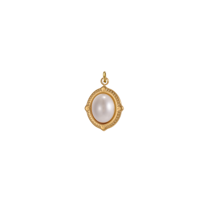 Gold oval charm featuring a luminous white pearl cabochon in a decorative bezel setting on a transparent background.