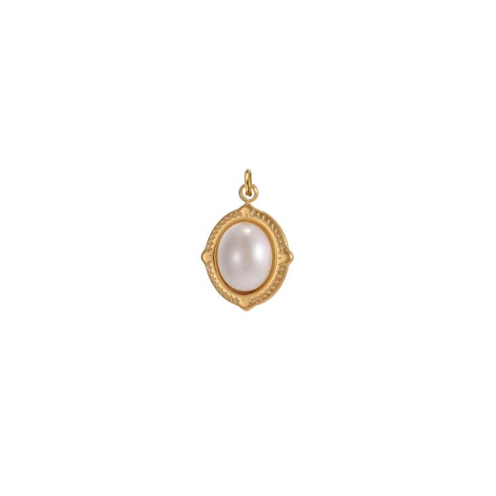 Gold oval charm featuring a luminous white pearl cabochon in a decorative bezel setting on a white background.
