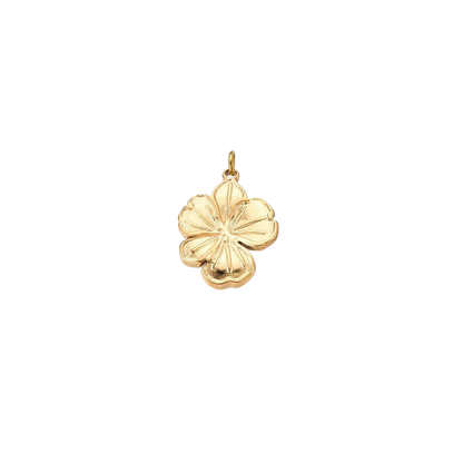 Gold hibiscus flower charm with engraved petal details and a polished finish on a transparent background.