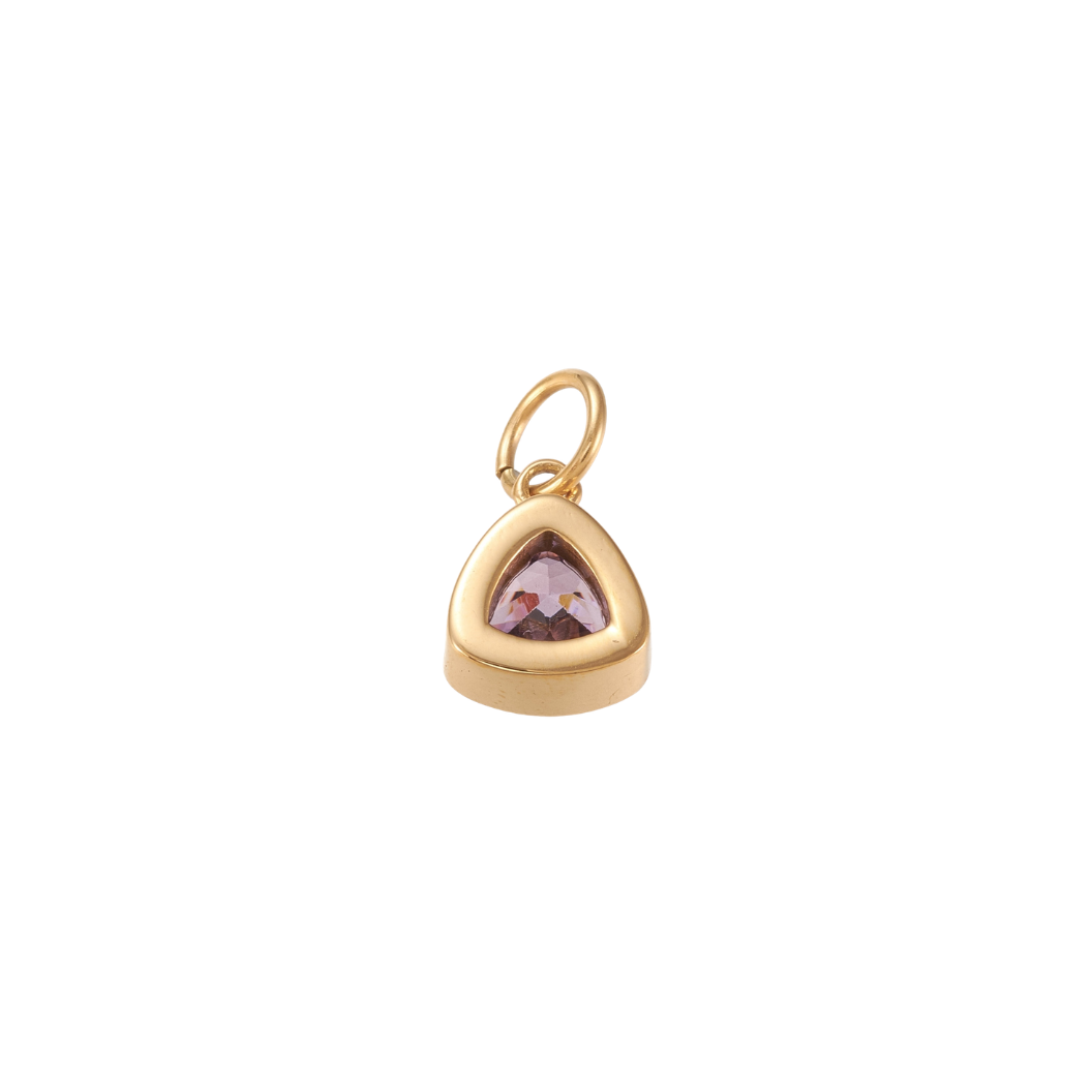 Back view of a Gold triangular charm featuring a faceted lavender purple gemstone on a white background.