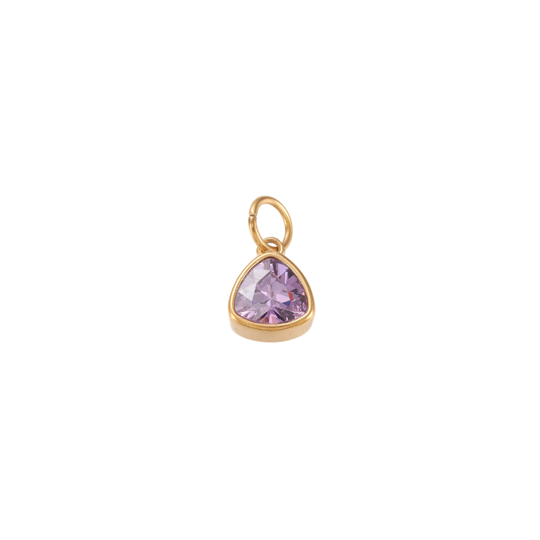 Gold triangular charm featuring a faceted lavender purple gemstone on a transparent background.