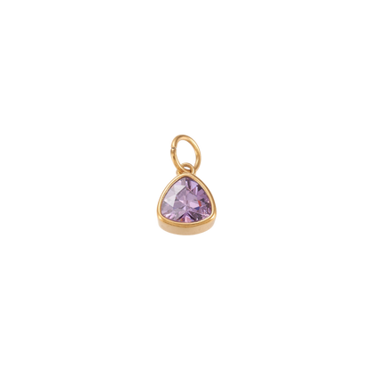 Gold triangular charm featuring a faceted lavender purple gemstone on a transparent background.
