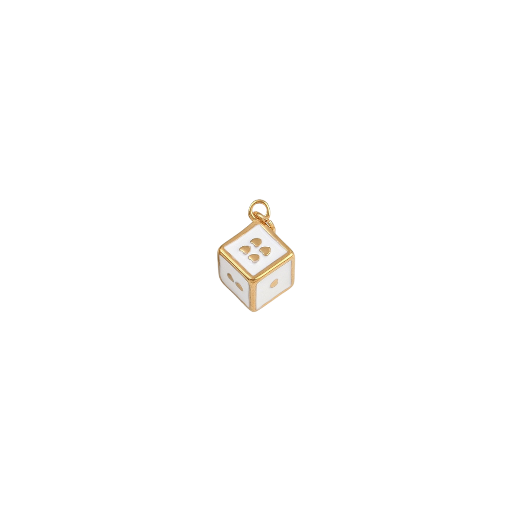 Gold lucky dice charm on white background