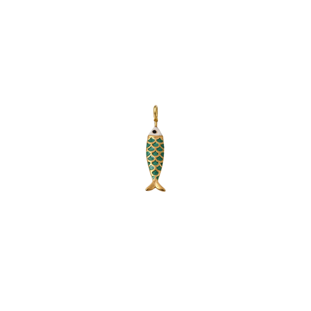 Gold minnow green fish charm on a transparent background.