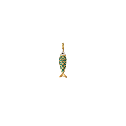 Gold minnow green fish charm on a transparent background.