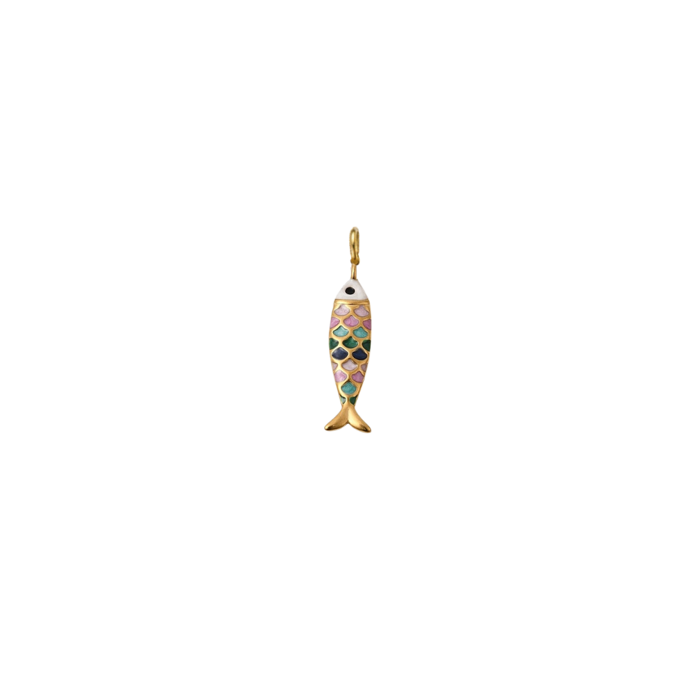 Gold minnow multicolored fish charm on a transparent background.