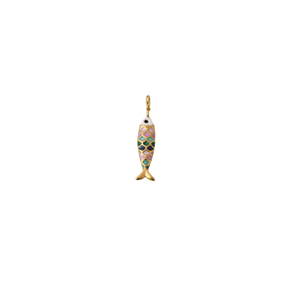 Gold minnow multicolored fish charm on a transparent background.