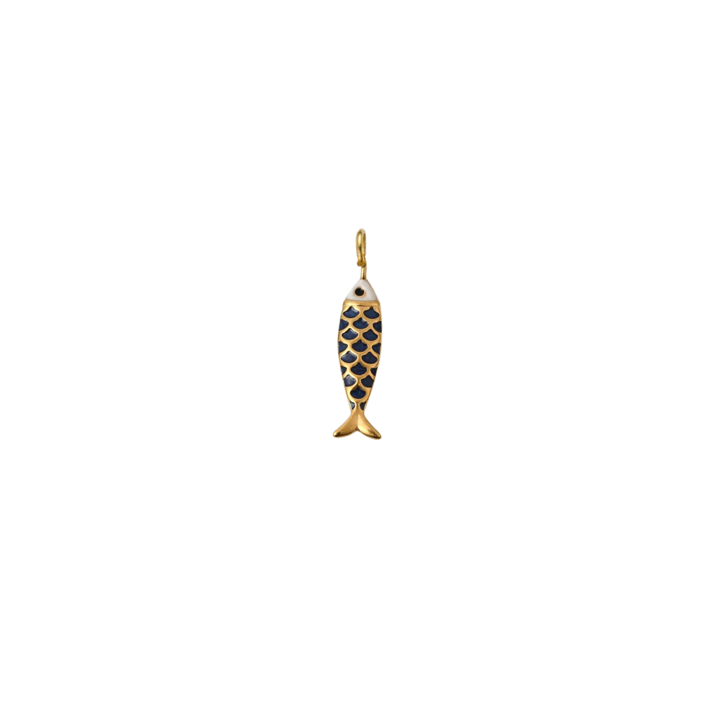 Gold minnow navy fish charm on a transparent background.
