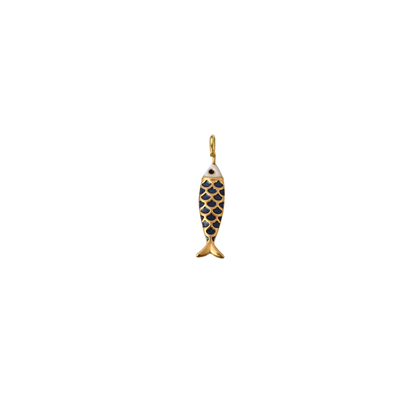 Gold minnow navy fish charm on a transparent background.