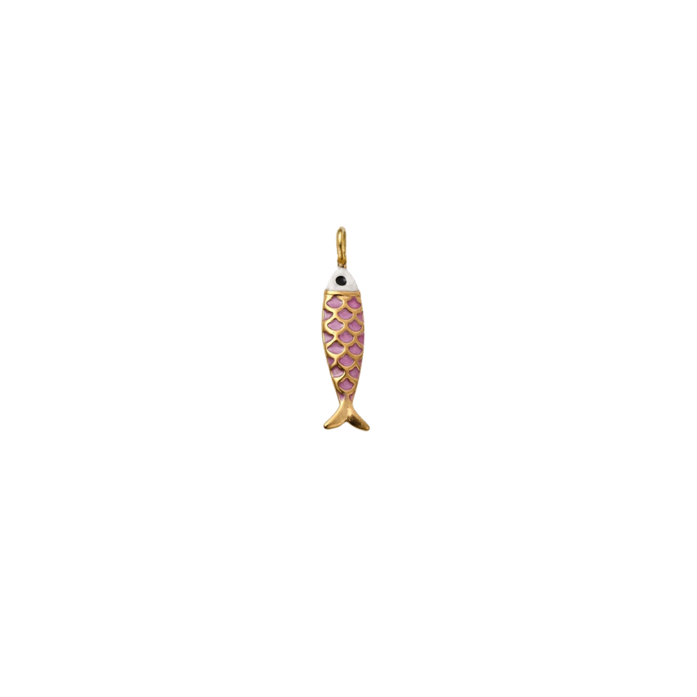 Gold minnow pink fish charm on a transparent background.