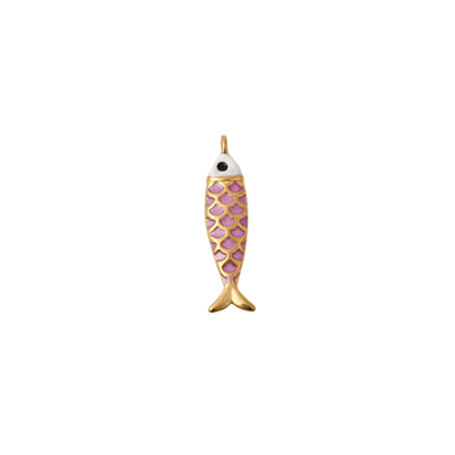 Gold Minnow Fish Charm in assorted enamel colors, featuring detailed fish scale patterns in blue, teal, green, lavender, pink, and multicolor finishes, displayed on a white background.