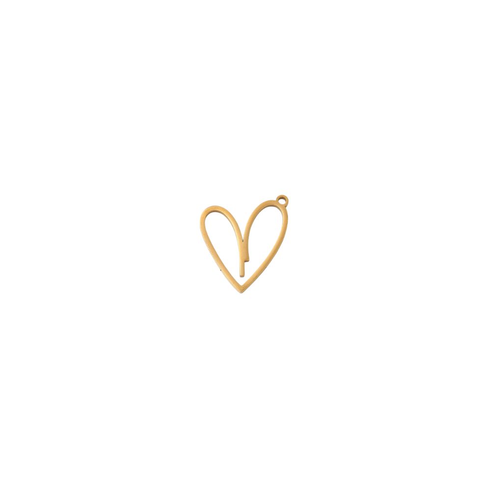 Gold open heart charm with minimalist outline design on a white background