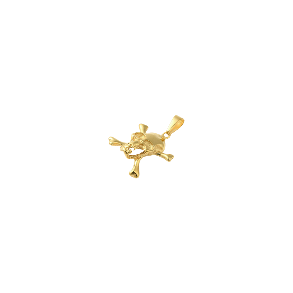 Flat view of a gold pirate skull charm on a white background
