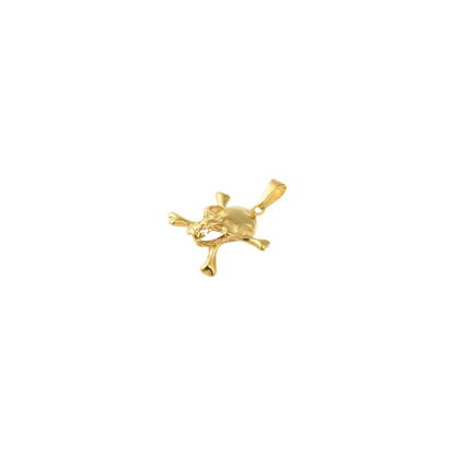 Flat view of a gold pirate skull charm on a white background