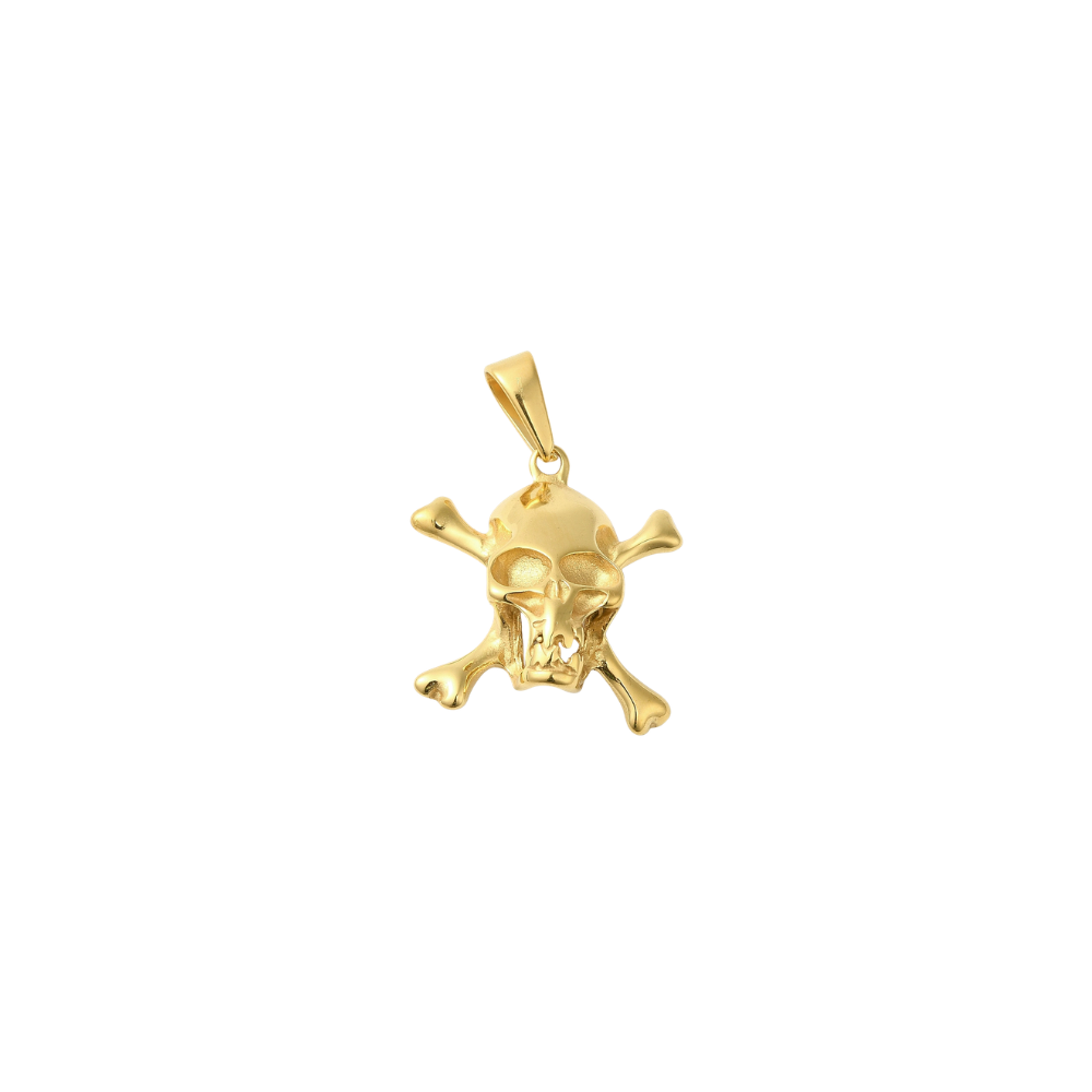 Gold Pirate Skull Charm featuring a detailed skull and crossbones design with a polished gold finish, displayed on a white background. Perfect for charm necklaces, bracelets, and pirate-inspired jewelry.