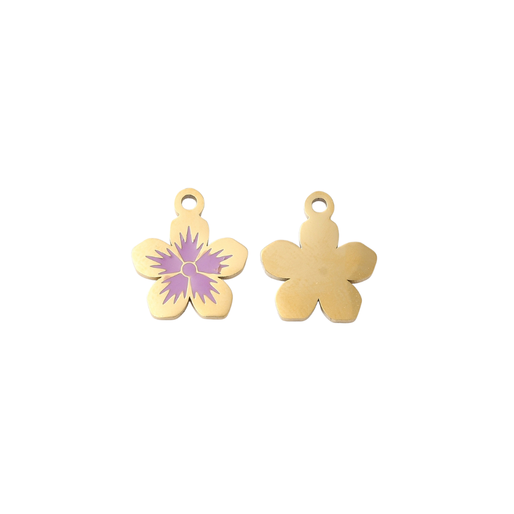 Gold purple flower charm with front and back view on white background