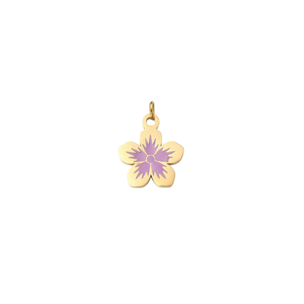 Gold flower charm featuring a five-petal flower design with a lavender purple center on a transparent background.
