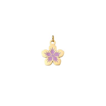 Gold flower charm featuring a five-petal flower design with a lavender purple center on a transparent background.