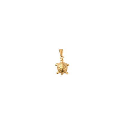Gold sea turtle charm with a textured shell and polished finish on a white background.