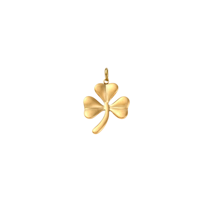 Gold shamrock charm featuring a polished three-leaf clover design on a white background.