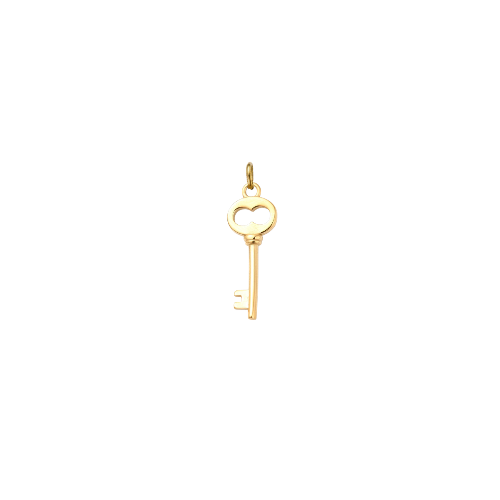 Gold skeleton key charm featuring a heart-shaped bow and polished finish on a transparent background.
