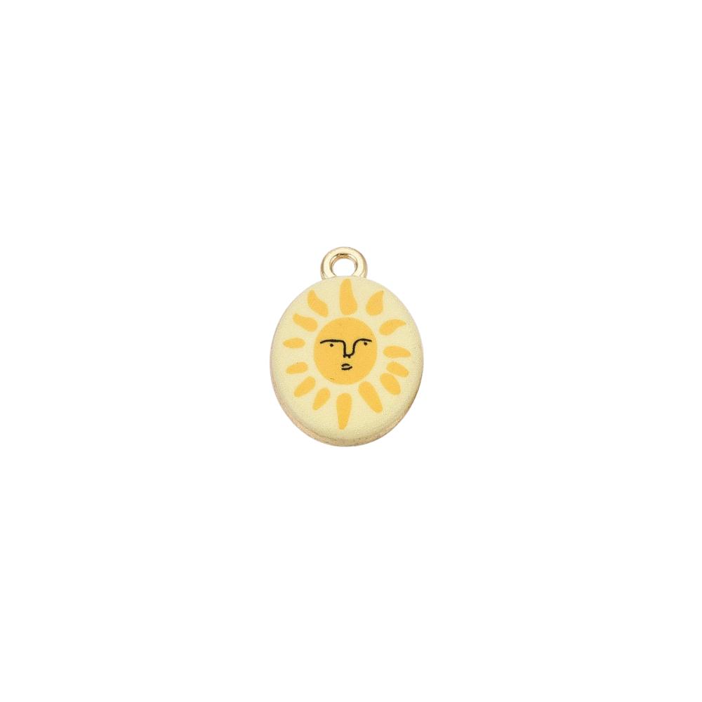 Gold oval charm featuring a smiling sun illustration with yellow rays on a cream background
