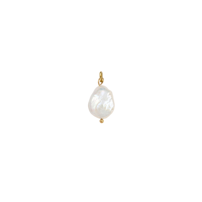 Gold charm featuring a pearl drop on a transparent background.