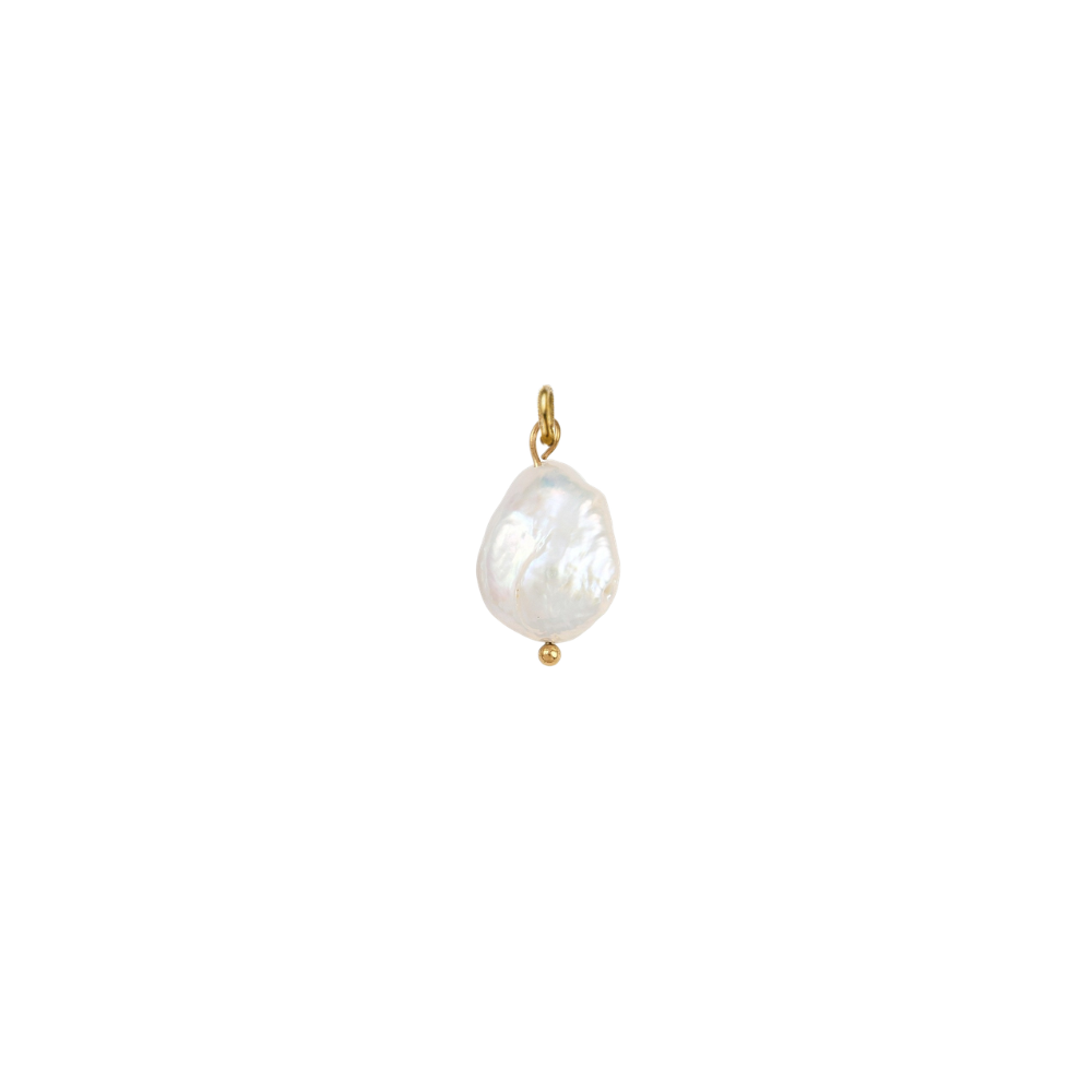 Gold charm featuring a pearl drop on a white background.