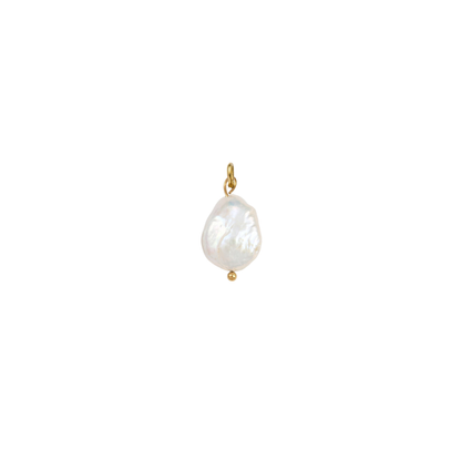 Gold charm featuring a pearl drop on a white background.