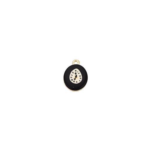 Gold vintage clock charm with a black oval frame and Roman numeral clock face on a white background.