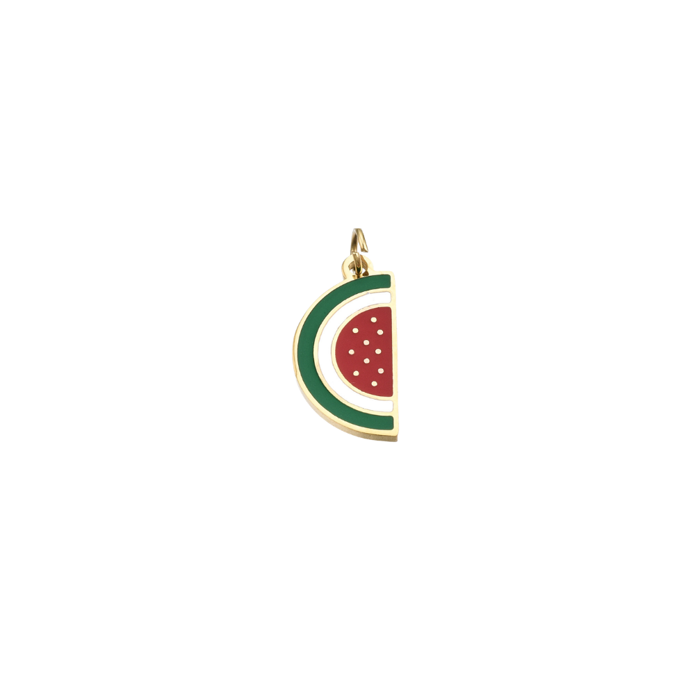 Gold watermelon slice charm on a transparent background.