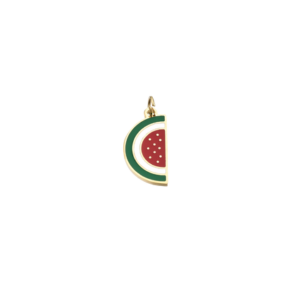 Gold watermelon slice charm on a transparent background.