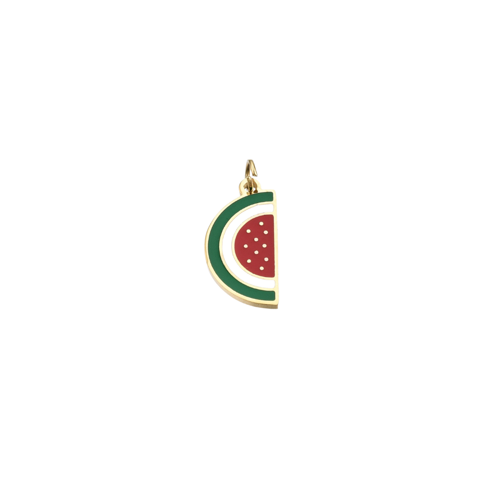 Gold Watermelon Slice Charm with red, green, and white enamel details, displayed on a white background. 