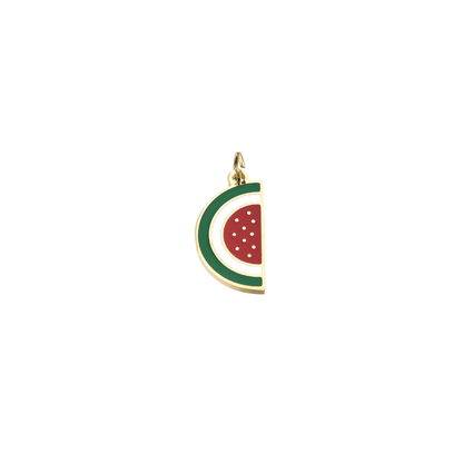 Gold Watermelon Slice Charm with red, green, and white enamel details, displayed on a white background. 