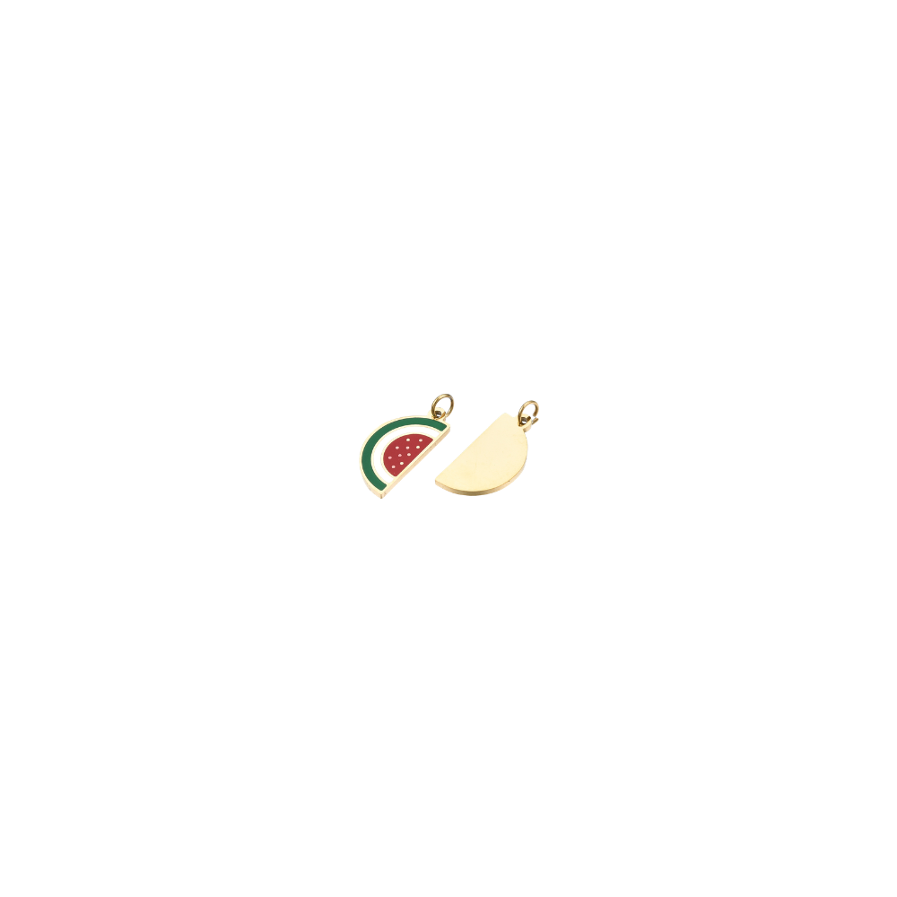 Two gold watermelon slice charms displayed on a clean white background, showing both the colorful enamel front and smooth polished back.