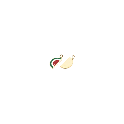 Two gold watermelon slice charms displayed on a clean white background, showing both the colorful enamel front and smooth polished back.