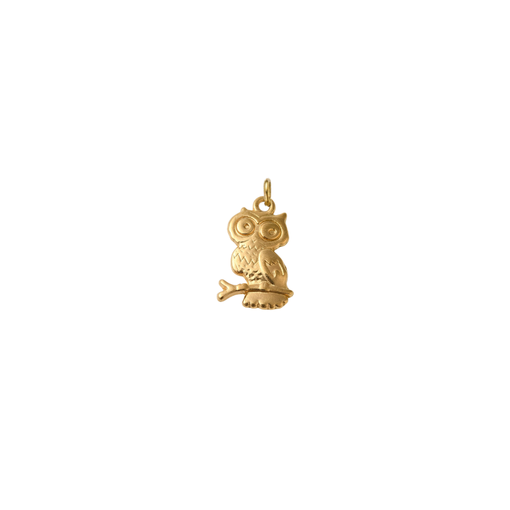 Gold owl charm with engraved feather details perched on a branch against a transparent background.