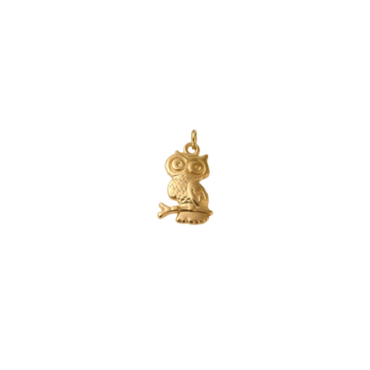 Gold owl charm with engraved feather details perched on a branch against a transparent background.