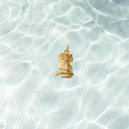Gold owl charm with engraved feather details perched on a branch against a shimmering water background.