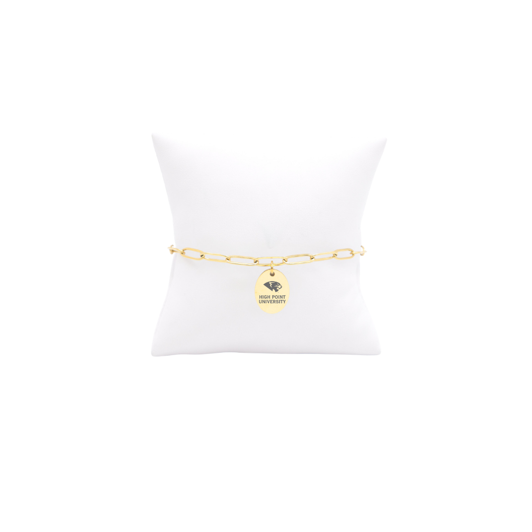 High Point University gold link storyline bracelet with small oval charm with high point university text and panther logo
