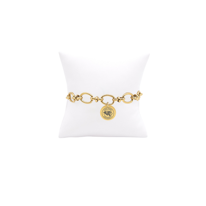 High Point University gold large link Evermore bracelet with small round charm with high point university text and panther logo on white pillow front view
