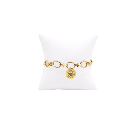 High Point University gold large link Evermore bracelet with small round charm with high point university text and panther logo on white pillow front view

