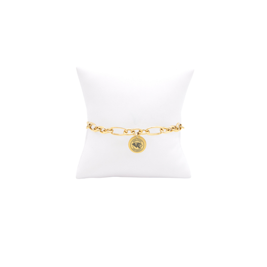 High Point University gold large link Keepsake bracelet with small round charm with high point university text and panther logo on white pillow front view

