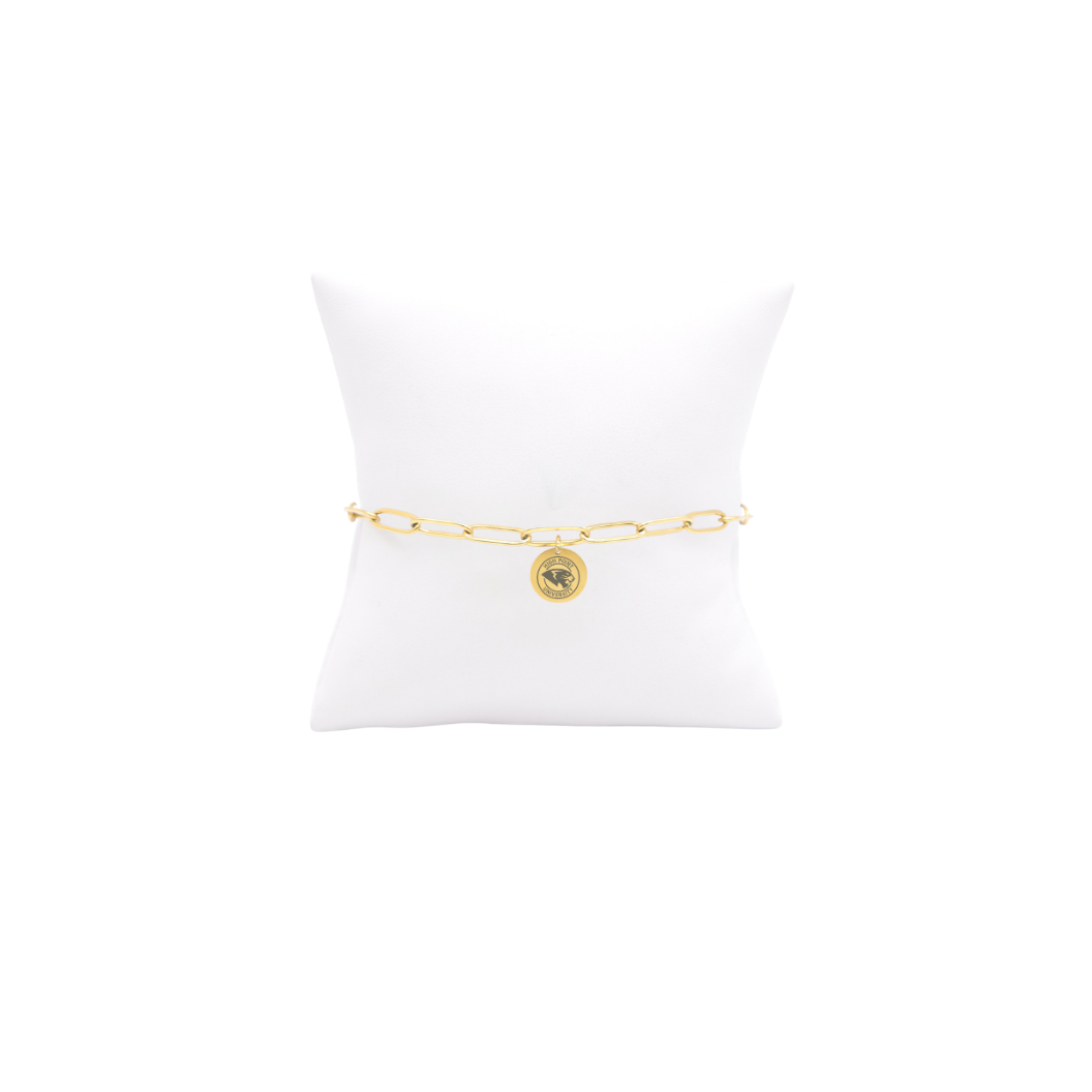 High Point University gold link storyline bracelet with small oval charm with high point university text and panther logo on white pillow front view
