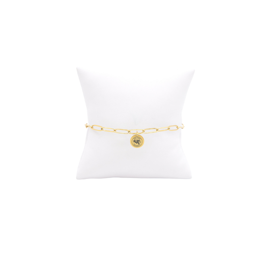 High Point University gold link storyline bracelet with small oval charm with high point university text and panther logo on white pillow front view
