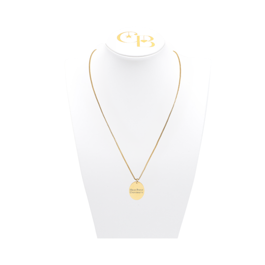 High Point University gold box chain with large oval charm displayed on white necklace bust front view with high point university horizontal text
