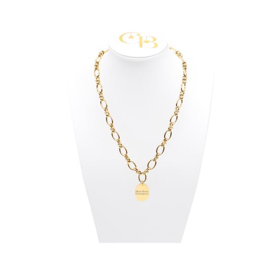 High Point University gold large link evermore necklace with large oval charm with high point university horizontal text on white necklace bust front
