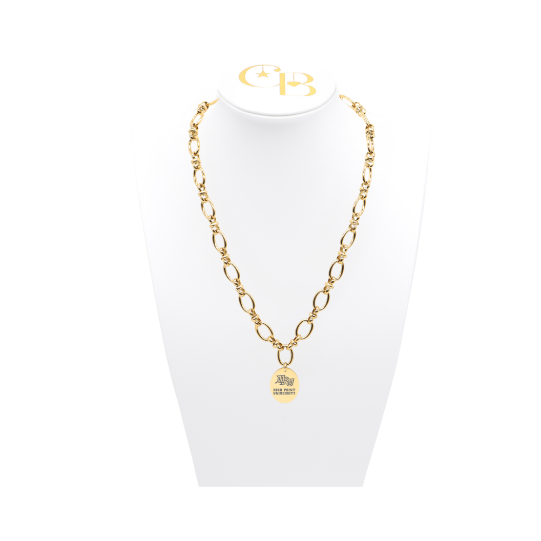 High Point University gold large link evermore necklace with large oval charm with high point university text and panther logo on white necklace bust front

